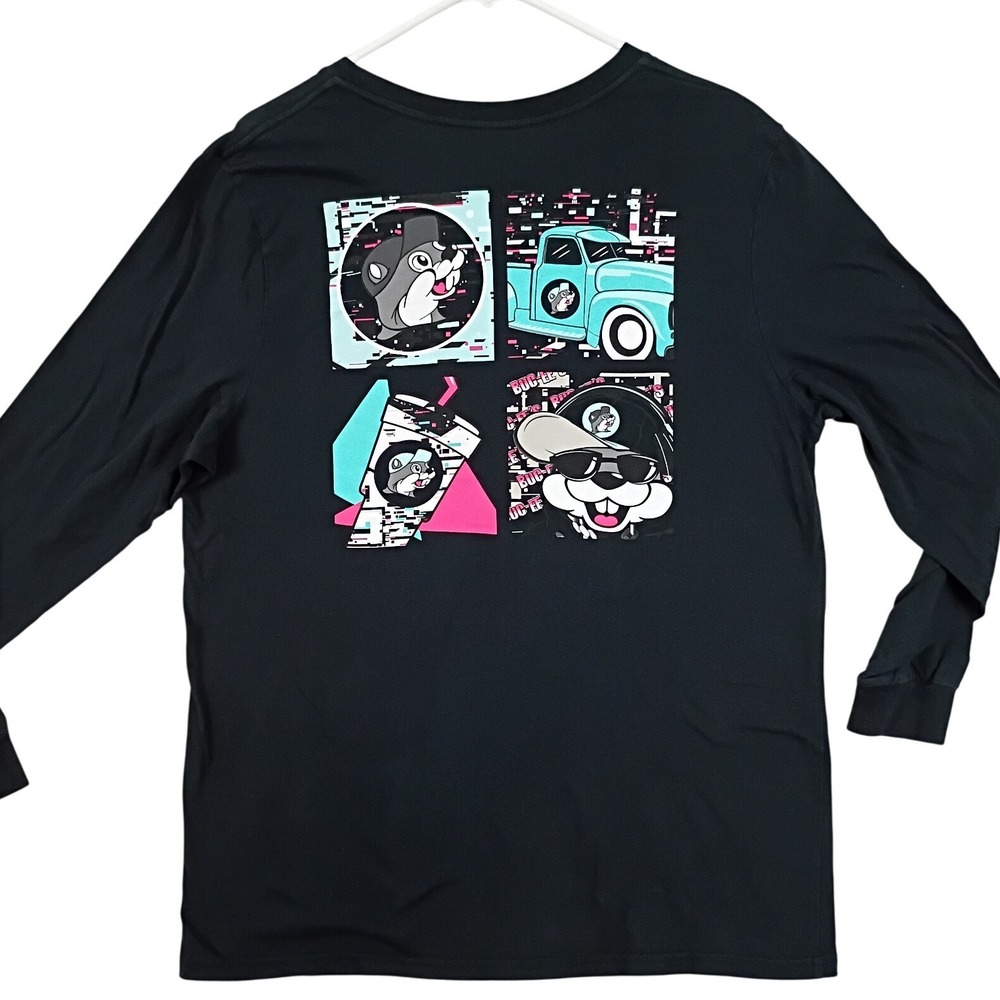 Buc-ee's Glitch Graphic Long Sleeve Tee Mens Large Black Retro 80s Neon Cotton